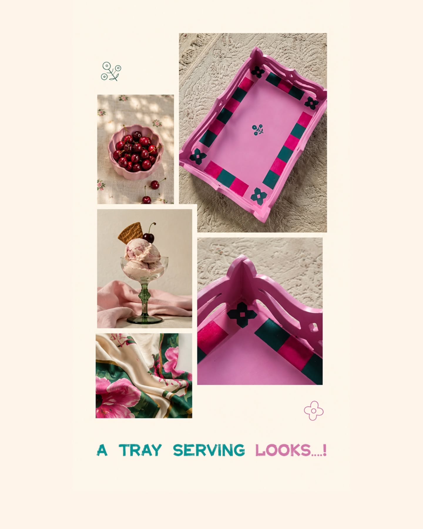 Pink and green hand-painted tray editorial